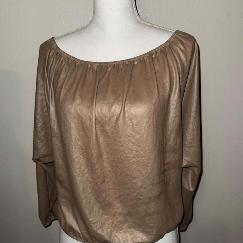 ESTELLA Off-Shoulder Blouse Size XS Khaki Metallic Shimmer Top